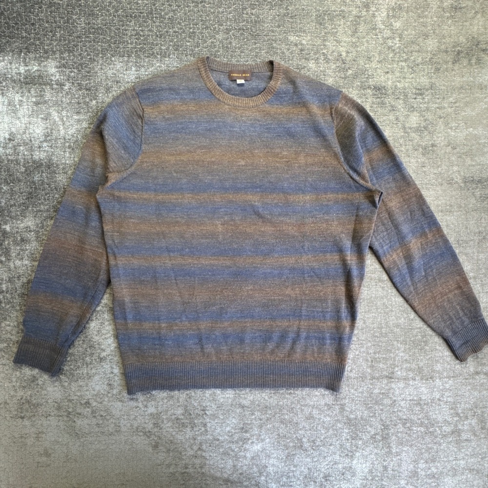 Thomas Dean Sweater Mens XL Blue Brown Ombre Stripe Soft Knit Crew Neck Pullover